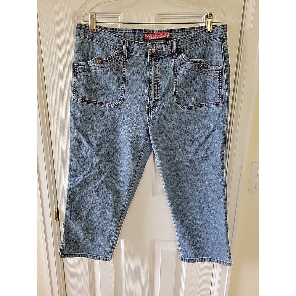 COS Jeans Womens 14 Blue Denim Capri Crop Button Pockets Stitching